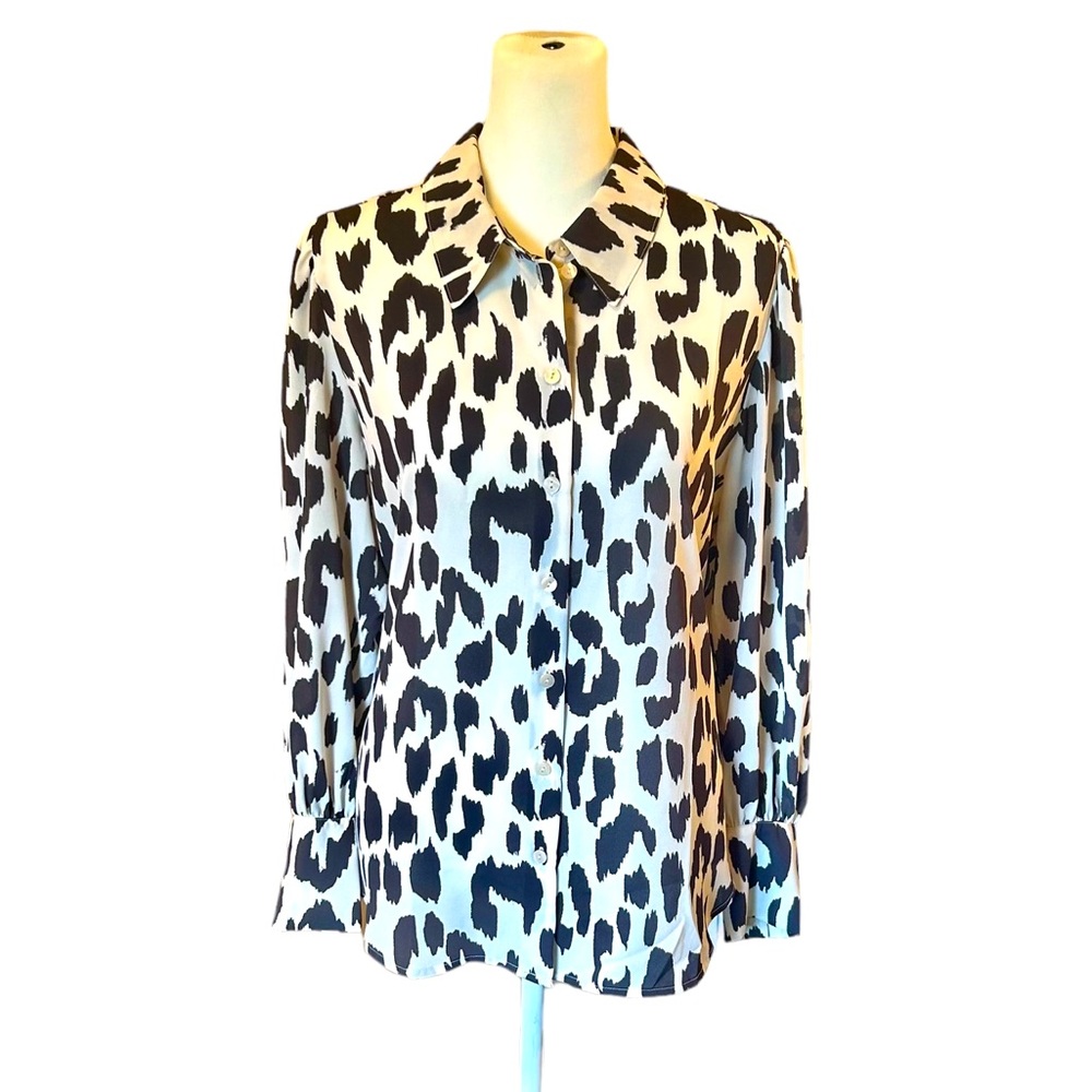ANN TAYLOR FACTORY IVORY & BLACK LONG SLEEVE BLOUSE. Sz M